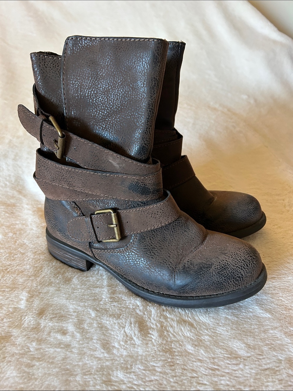 COVERGIRL Distressed Brown Buckle Strap Ankle Boots